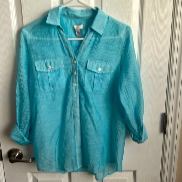 Chico's‎ Womens Shirt Button Down Roll Sleeve Aqua Blue Pockets Top Size 0 Small - Picture 1 of 9